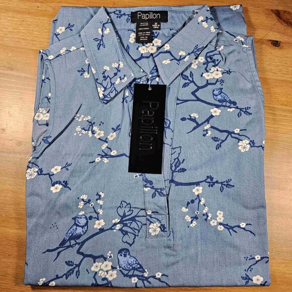 Papillon Cherry Blossom and Bird Print Collared Shirt, Women's, Medium, Blue - Picture 2 of 5